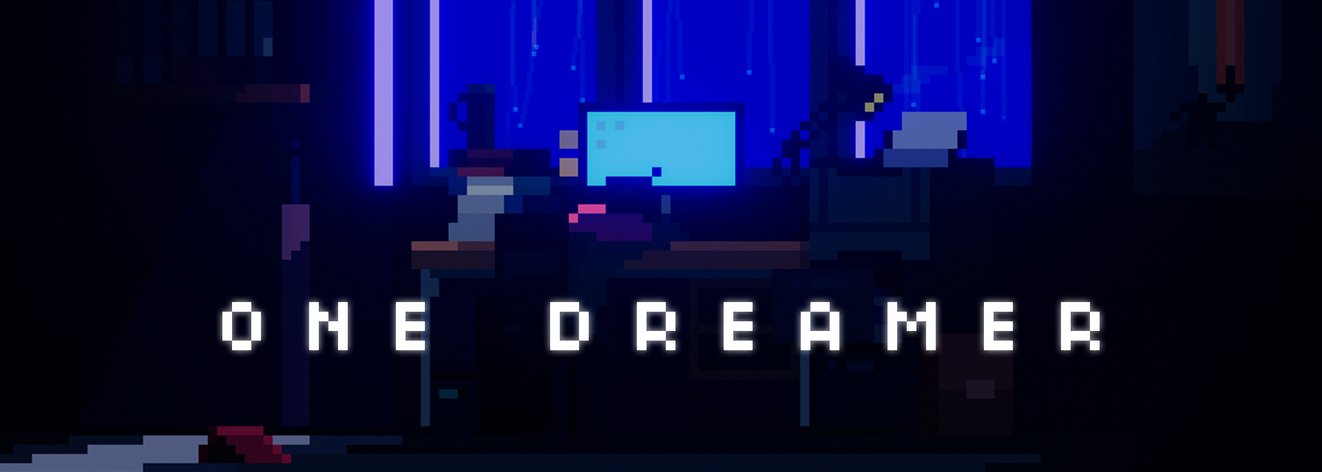 The One Dreamer logo over pixel art of a dark bedroom lit by a computer screen