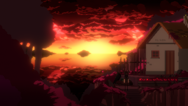 One Dreamer screenshot: A cottage on a cliff overlooking a fiery red sunset