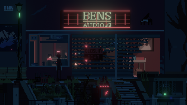 One Dreamer screenshot: A neon-lit music shop called Bens Audio on a quiet street at night