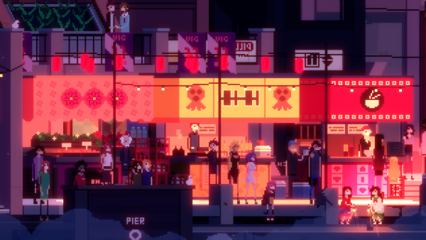 One Dreamer screenshot: A crowded harbourside street market lit by red and orange lanterns at night