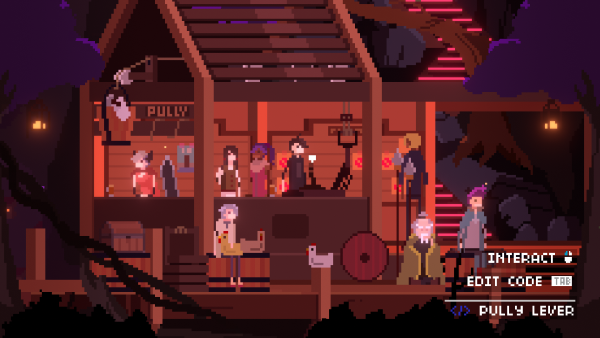 One Dreamer screenshot: A crowd of characters inside a lantern-lit wooden treehouse bar, with prompts to interact, edit code and pull a lever