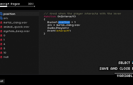 One Dreamer screenshot: The in-game code editor showing an OnInteract() function that moves a bucket and plays a sound