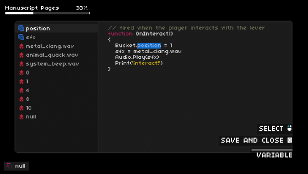 One Dreamer screenshot: The in-game code editor showing an OnInteract() function that moves a bucket and plays a sound