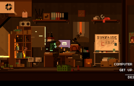 One Dreamer screenshot: Frank's cluttered apartment at night, with his desk, computer and a whiteboard of game-development deadlines