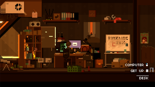 One Dreamer screenshot: Frank's cluttered apartment at night, with his desk, computer and a whiteboard of game-development deadlines