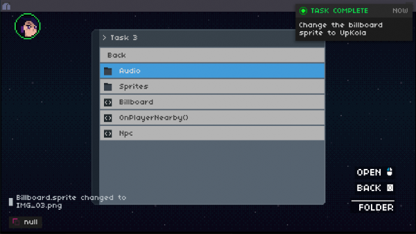 One Dreamer screenshot: An in-game file browser of code files, with a task-complete notice for changing a billboard sprite