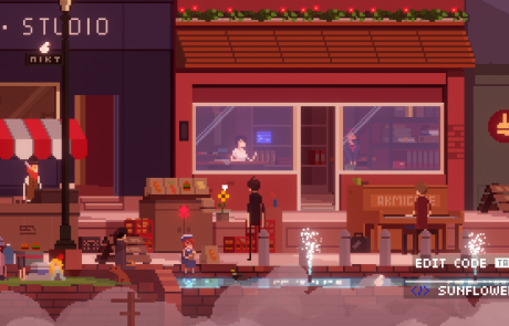 One Dreamer screenshot: A red-brick shopping street with a café, a fruit stall and fountains, with the option to edit a sunflower's code