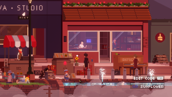 One Dreamer screenshot: A red-brick shopping street with a café, a fruit stall and fountains, with the option to edit a sunflower's code
