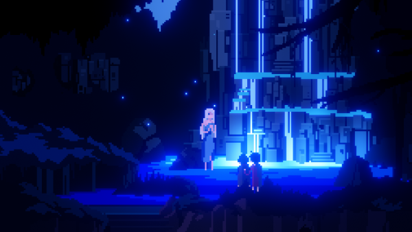 One Dreamer screenshot: Characters standing beside a glowing blue waterfall in a dark forest at night
