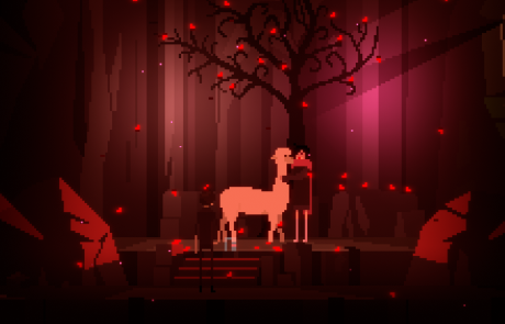 One Dreamer screenshot: A character hugging a llama under a bare tree in a red-lit forest with falling petals