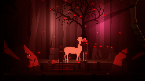 One Dreamer screenshot: A character hugging a llama under a bare tree in a red-lit forest with falling petals