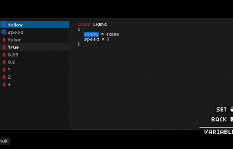 One Dreamer screenshot: The code editor showing a Llama class with follow and speed variables