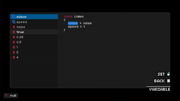 One Dreamer screenshot: The code editor showing a Llama class with follow and speed variables