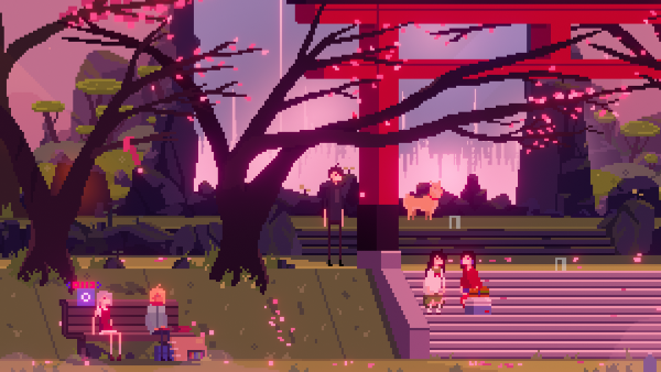 One Dreamer screenshot: A park with cherry blossom trees and a red torii gate, with characters relaxing on a bench and steps